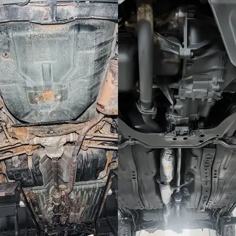 Underrede och tank före och efter rostskyddsbehandling