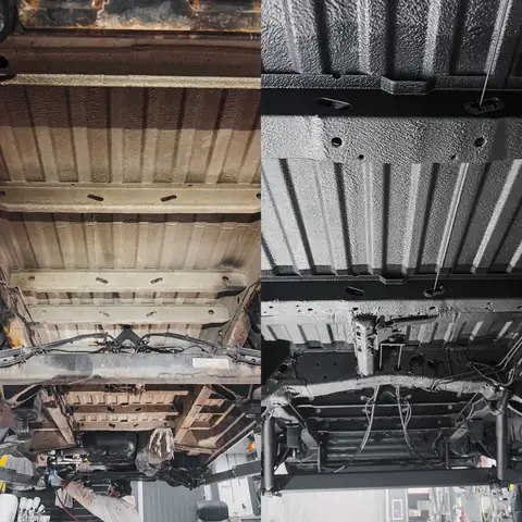 Golv och balkar under bilen före och efter rostskyddsbehandling